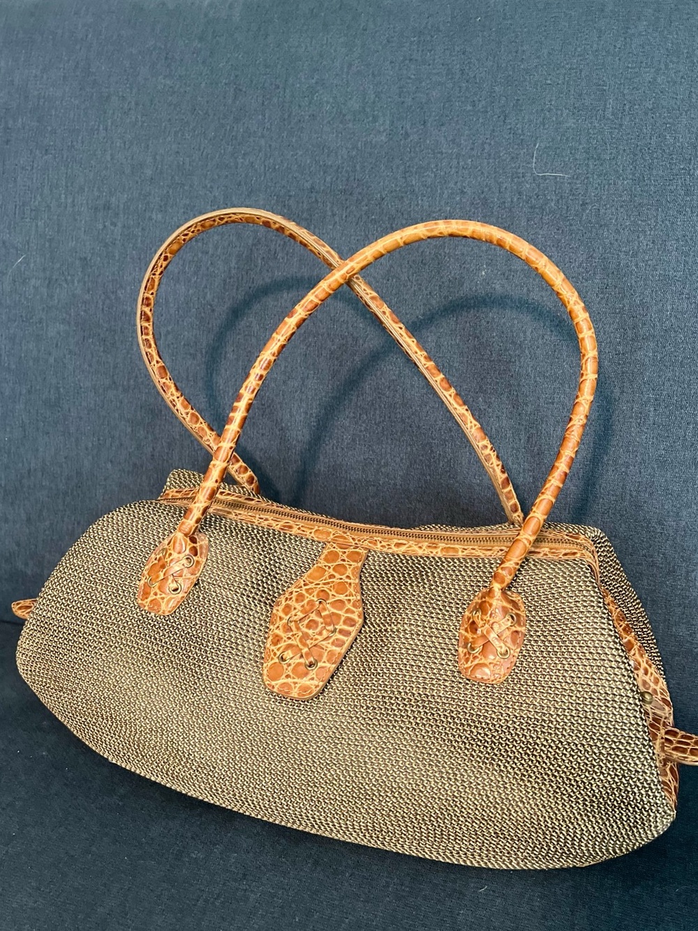 Vintage Eric Javits New York Woven Satchel Croc Embossed Leather Trim 90s